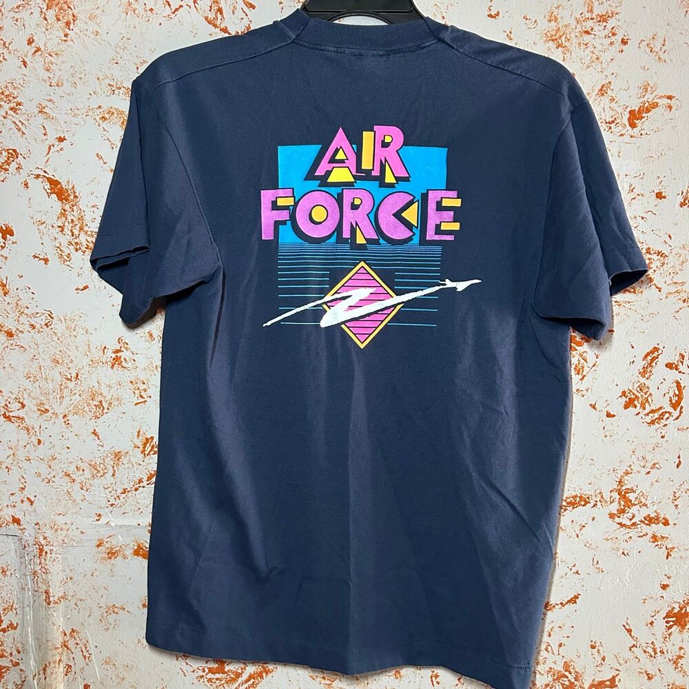 Vintage 80s Air Force T Shirt Mens L Neon Military Screen Stars Single Stitch